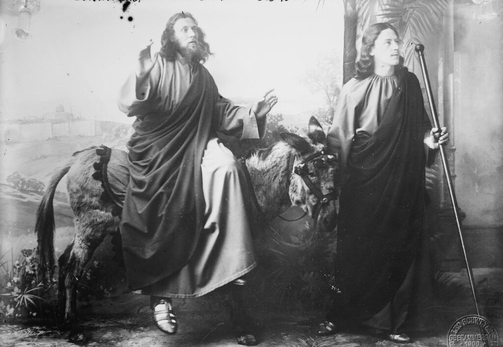 Entry into Jerusalem; Christ (played by Anton Lang) and John, with donkey; at the Oberammergau passion play, Bavaria, Germany, 1900